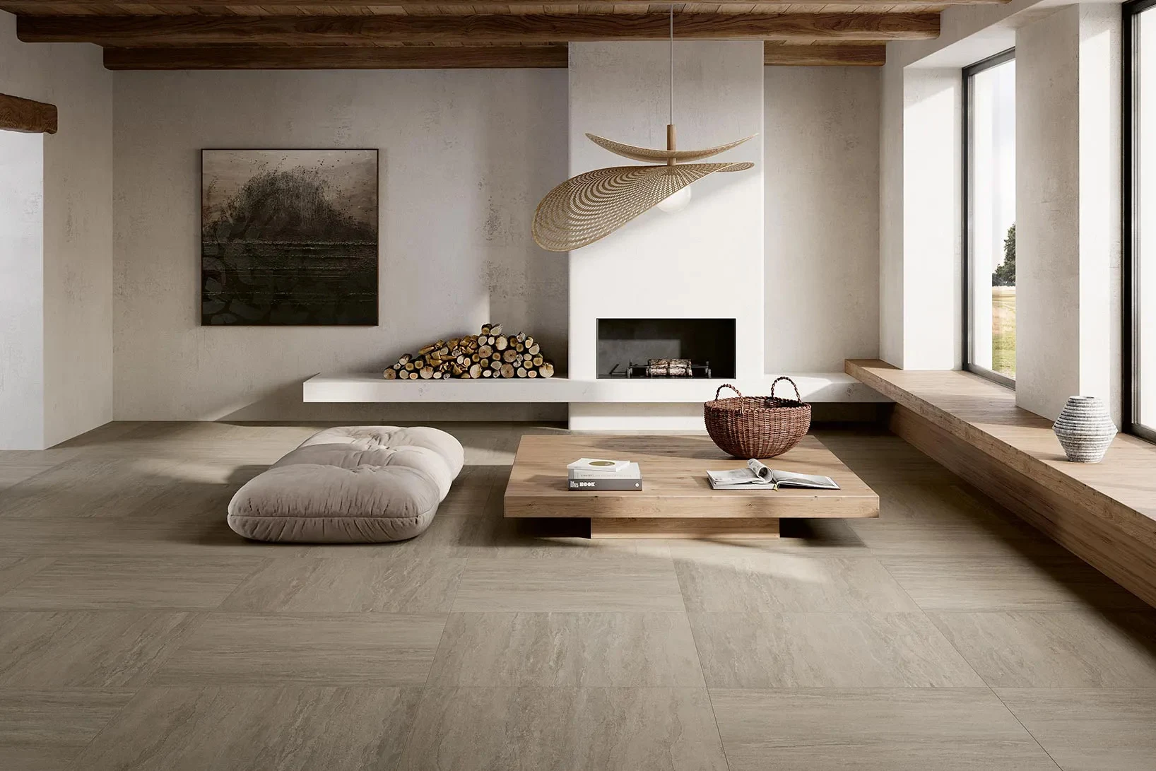 Contemporary living room with natural wood, fireplace and sculptural pendant light