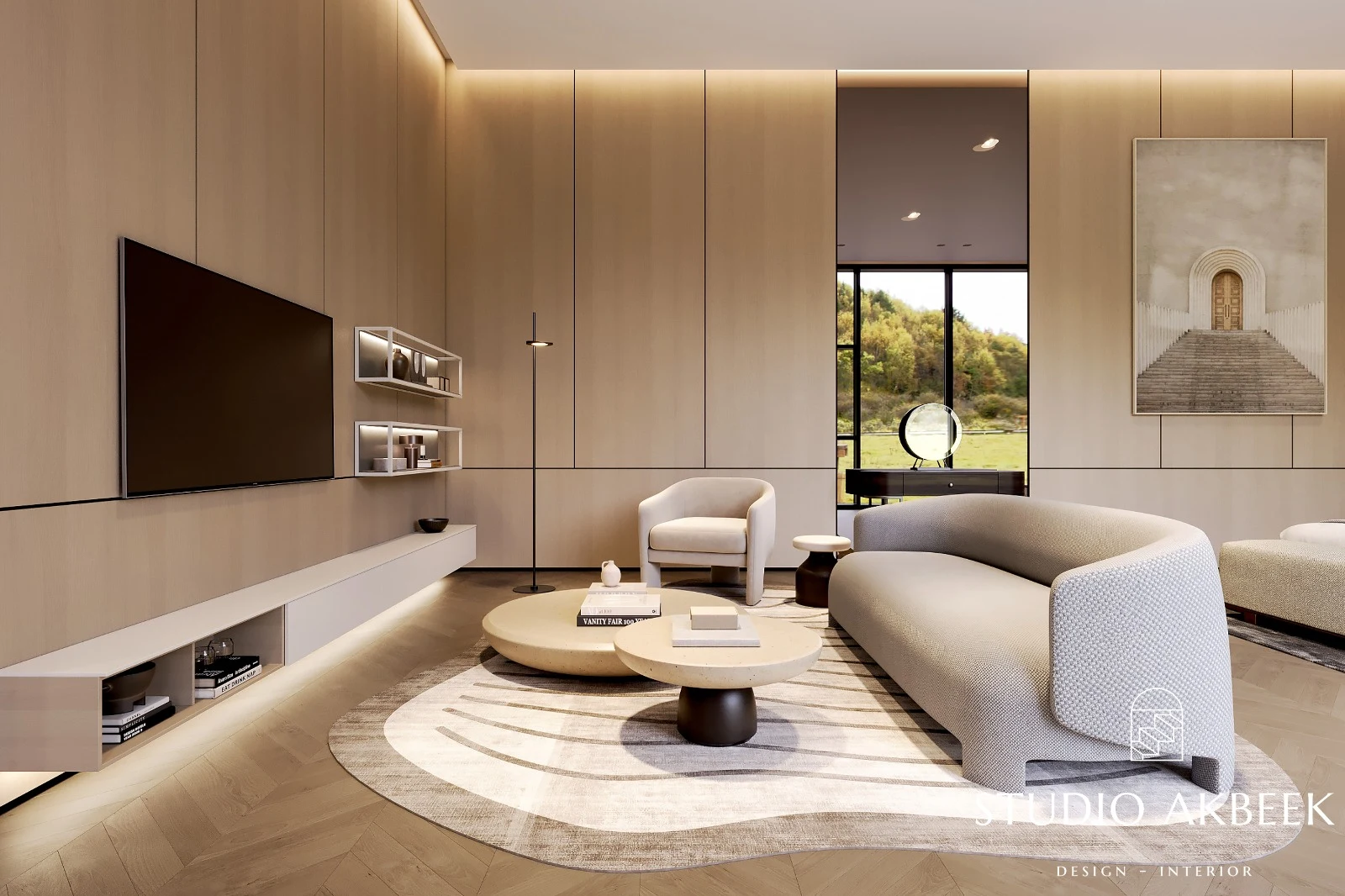 Studio Akbeek living room with cream seating and natural wood walls